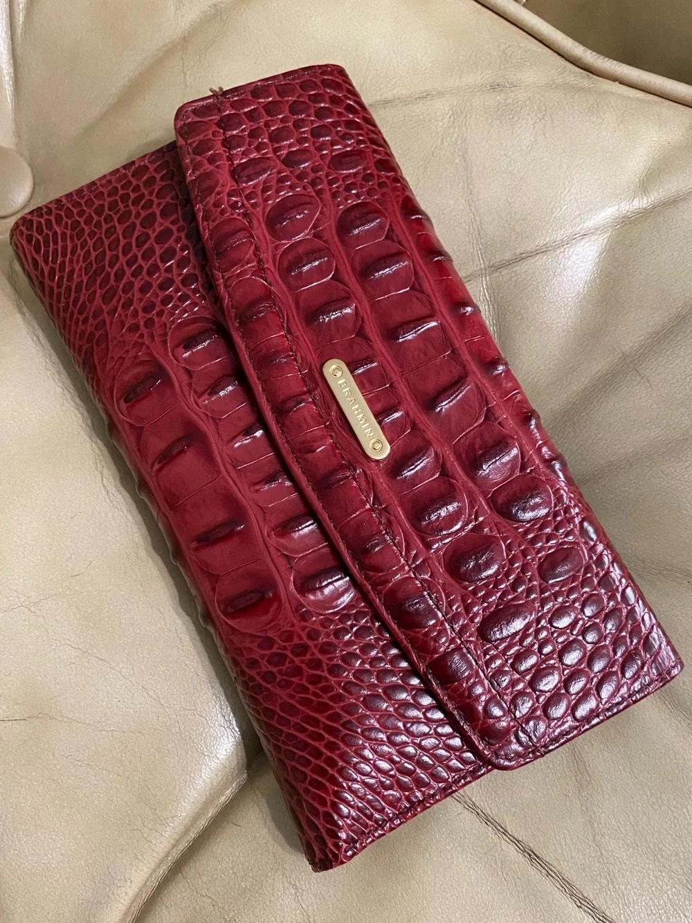 LKNW Vintage Brahmin Cranberry Leather Checkbook Wallet Wine Burgundy Melbourne